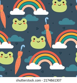 Seamless Pattern Cartoon Frog And Blue Sky With Rainbow And Clouds. Cute Wallpaper For Gift Wrap Paper