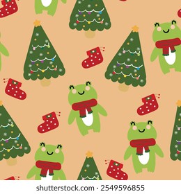 Seamless pattern cartoon frog with christmas tree. cute christmas and winter wallpaper for fabric print, gift wrap paper