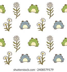 Patrón sin problemas con rana de caricatura y diseño de flores en fondo blanco