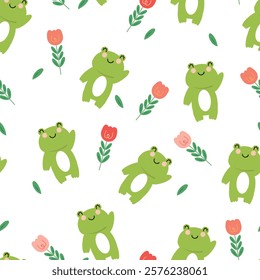 Seamless pattern cartoon frog and flower. cute plant wallpaper and animals background for gift wrap paper