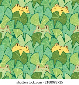 Seamless Pattern with Cartoon Frog and Lotus Leaf Illustration Design