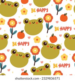 seamless pattern cartoon frog with orange and flower. cute animal, plant and fruit wallpaper for textile, gift wrap paper