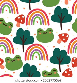 seamless pattern cartoon frog with plant and sky element. cute animal wallpaper illustration for gift wrap paper