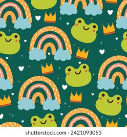 seamless pattern cartoon frog with rainbow and crown. cute animal, and sky element wallpaper for textile, gift wrap paper