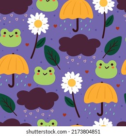 Seamless Pattern Cartoon Frog, Umbrella, Flowers With Purple Sky. Cute Animal Wallpaper For Gift Wrap Paper