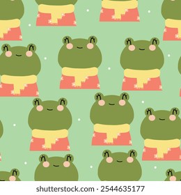 Seamless pattern cartoon frog in winter day. wearing yellow scarf, Cute animal winter wallpaper for fabric print, wrapping paper