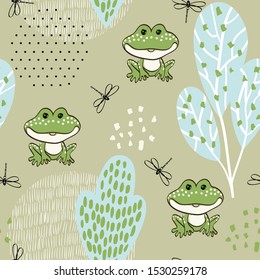 Seamless pattern with cartoon frogs with leaves.