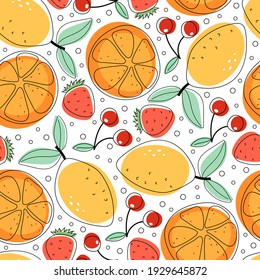 Seamless pattern with cartoon fruits. colorful vector. hand drawing, flat style. design for fabric, print, textile, wrapper