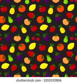 Seamless pattern with cartoon fruits on black background. Eco design with fruit icons for supermarket brochure, wrapping paper, fabric. Vector