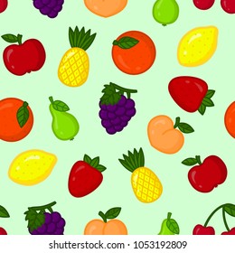 Seamless pattern with cartoon fruits on light green background. Eco design with fruit icons for supermarket brochure, wrapping paper, fabric. Vector