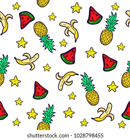 Seamless pattern with cartoon fruits and stars, vector illustration