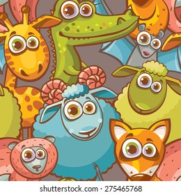 Seamless pattern with cartoon funny animal. Childish vector wallpaper.