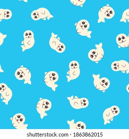 Patrón sin inconvenientes con la caricatura graciosa de la foca del bebé sobre fondo azul