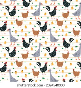 Seamless pattern with cartoon funny birds geese, chickens and chickens. Children's drawing hand-drawn with cute characters of farm birds in the style of minimalism. Vector illustration for design