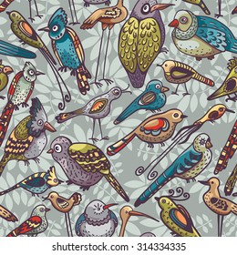 Seamless pattern with cartoon funny birds. Vector childish wallpaper.