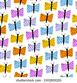 Seamless pattern with cartoon funny butterflies. flat colorful kids vector. animals. baby design for fabric, textile, wrapper, print