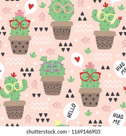 seamless pattern with cartoon funny cactus in glasses  - vector illustration, eps