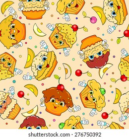 Seamless pattern with cartoon funny cakes.