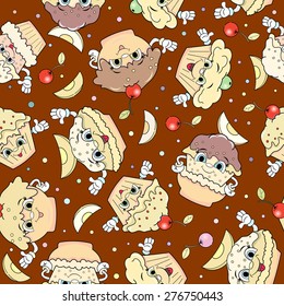 Seamless pattern with cartoon funny cakes.