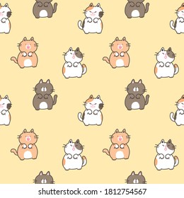 Seamless Pattern of Cartoon Funny Cat Design on Yellow Background