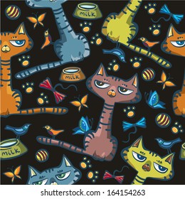 Seamless pattern with cartoon funny cats on a black background.