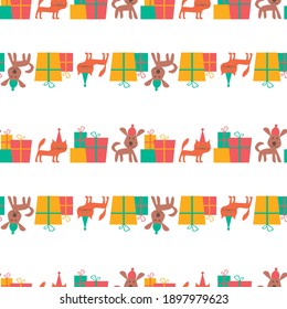 Seamless pattern of cartoon funny cats and dogs with gifts boxes in row