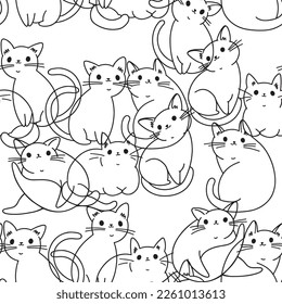 Patrón sin foco con gatos graciosos de dibujos animados. Ilustración vectorial hecha a mano en blanco. Fondo de arte animal. Perfecto para plantillas de diseño, papel pintado, envoltura, tela y textil.