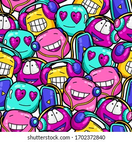 Seamless Pattern Of Cartoon Funny Characters Listening To Music. Cute Kawaii Art In Modern Comic Style.