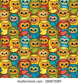 Seamless pattern with cartoon funny chickens. 