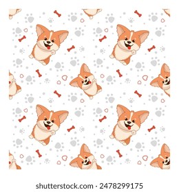 Seamless pattern with cartoon funny corgi, isolated on a white background.