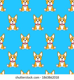 Seamless pattern with cartoon funny dog corgi sitting on blue background