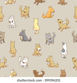 Seamless pattern with cartoon funny dogs on gray  background. Cute puppies. Vector image.