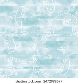 Seamless pattern with  cartoon funny dolphins on a blue watercolor background. Vector. Marine background. Monochrome. Perfect for wallpaper, wrapping, fabric and textile. 