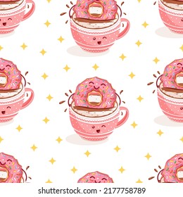 Seamless pattern with cartoon funny donut with pink icing taking a bath in a cup of coffee with a smile. Hot drink and sweets. Vector illustration for fabrics, textures, wallpapers, posters, cards.