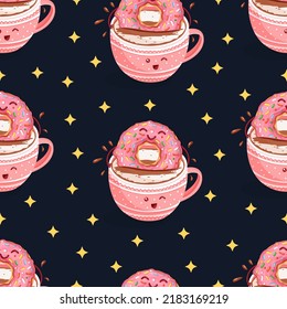 Seamless pattern with cartoon funny donut with pink icing taking a bath in a cup of coffee with a smile. Hot drink and sweets. Vector illustration for fabrics, textures, wallpapers, posters, cards.