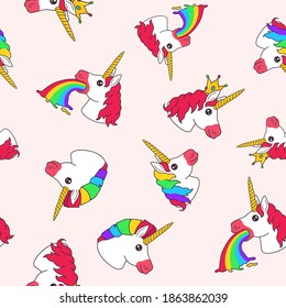 Seamless Pattern With Cartoon Funny Fairy Unicorn Vomit Rainbow, With Crown And Rainbow Hair On Bright Background