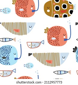 Seamless pattern with cartoon funny fish. Childish marine texture for fabric, textile. Vector background