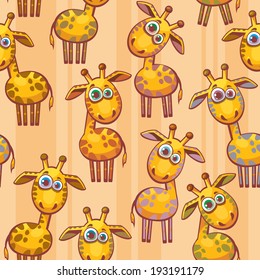 Seamless pattern with cartoon funny giraffes. Childish vector wallpaper.