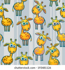 Seamless pattern with cartoon funny giraffes. Childish vector wallpaper.