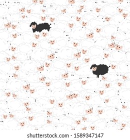 Seamless pattern with cartoon funny group of sheeps, decor elements. flat vector.Illustration hand drawing for kids. baby design for fabric, print, wrapper, textile
