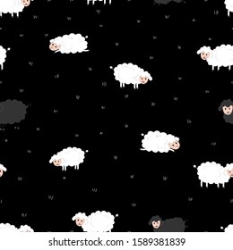 Seamless pattern with cartoon funny group of sheeps on black background, decor elements. flat vector.Illustration hand drawing for kids. baby design for fabric, print, wrapper, textile