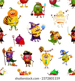 Seamless pattern of cartoon funny Halloween fruit characters in holiday costumes. Vector background of trick or treat jackfruit pumpkin, mango mummy, witch grapes, orange and melon witches personages