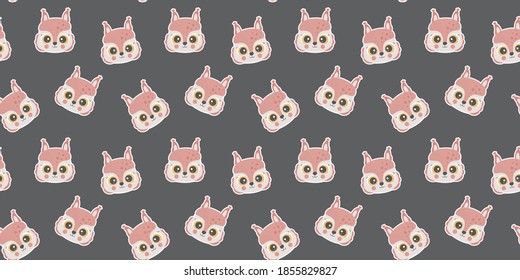 Seamless pattern. Cartoon funny little squirrel faces with opened eyes, ruddy cheeks on white outlines on a dark brown background. Funny texture of chipmunk muzzles. Rodent heads. Kawaii. Vector.