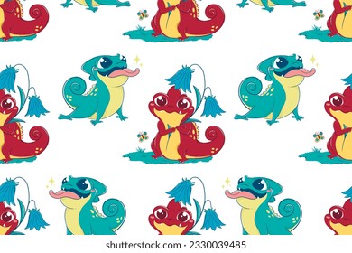 Seamless pattern with cartoon funny lizards. Vector illustration of chameleons in flat style