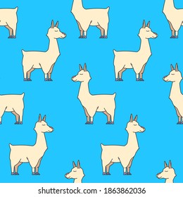 Seamless pattern with cartoon funny llama on blue background