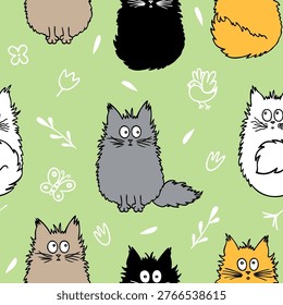 Seamless pattern with cartoon and funny Maine Coon cats