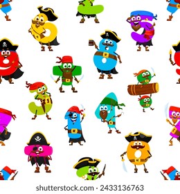 Seamless pattern of cartoon funny number pirate and corsair characters. Wallpaper pattern, fabric vector backdrop or textile funny vector background with mathematics number pirates cheerful personages