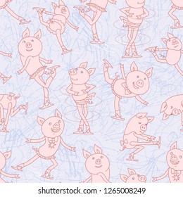 Seamless pattern of cartoon funny pink pigs skating on blue scratched ice background. Funny animals in a happy Winter holiday mood. Contour line drawing, Wallpaper, tee shirt print, children textile 