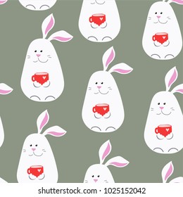 seamless pattern with cartoon funny rabbits and cups