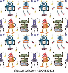 Seamless pattern with cartoon funny robots. Children's drawing hand-drawn with cute alien characters. Vector illustration for design, textiles, packaging for kids.